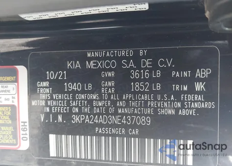 2022 Kia Rio Lx from USA, damaged, VIN 3KPA24AD3NE437089